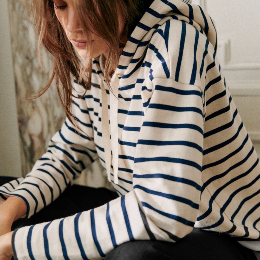 NWT Sezane Jonas hooded sweatshirt, blue striped, M